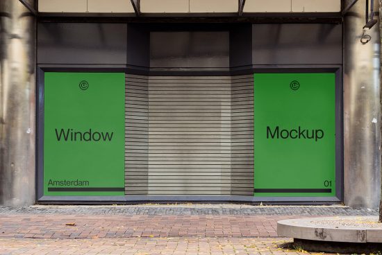Urban store window mockup with closed roller shutter doors for designers to showcase branding in a realistic setting.